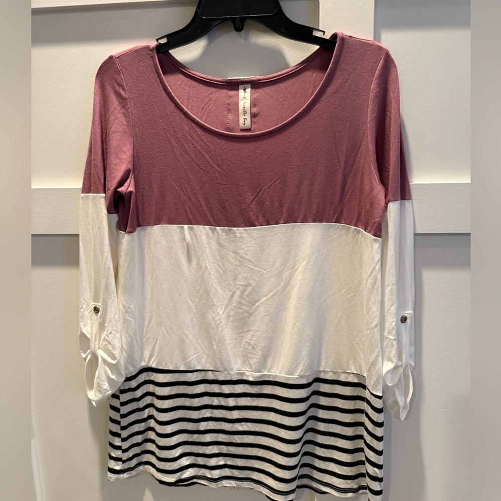 Colorblock Women's Top - Pink, White, and Black Stripes